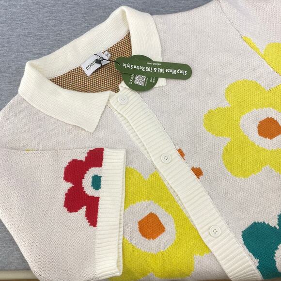 OXKNITSTORE Colorblock Retro 60s 70s Flowers Short Sleeve Sweater Cardigan 3XL - Picture 1 of 8